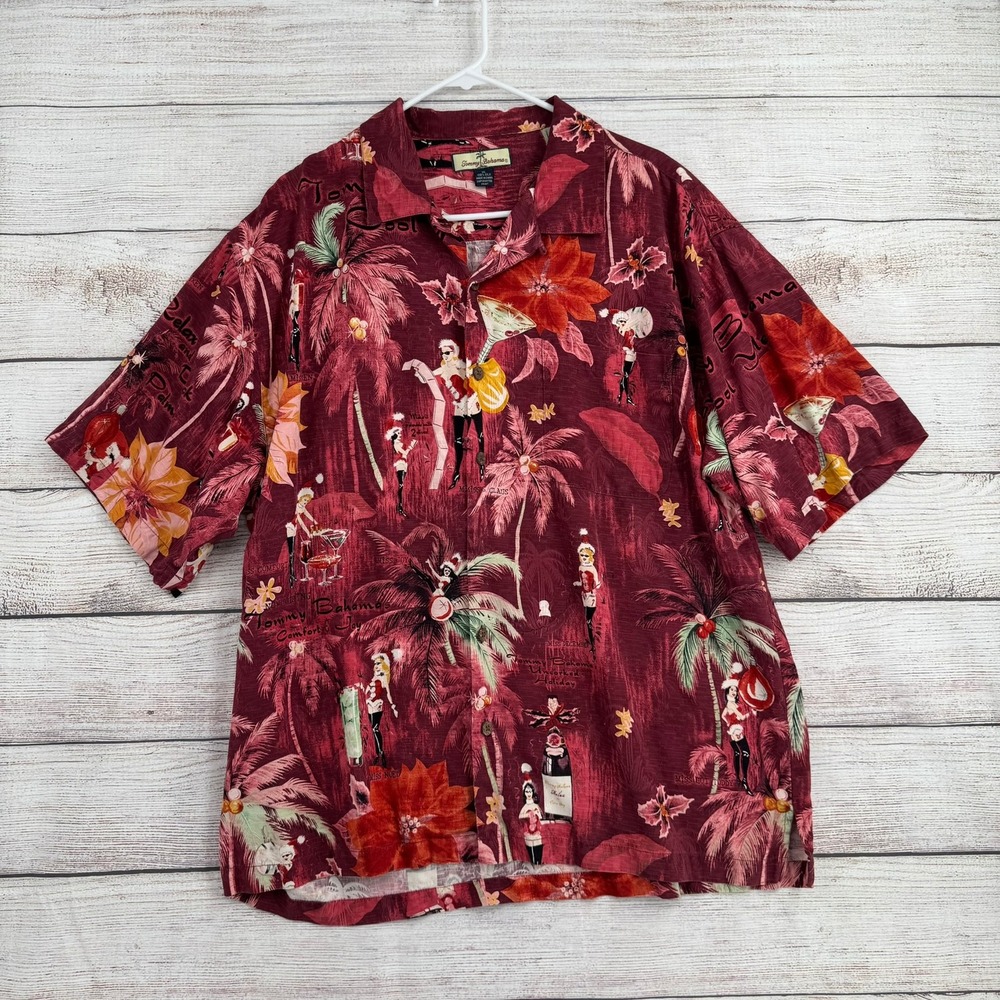 Tommy Bahama Button Up Shirt Mens XL Burgundy Silk Cool Yule Holiday Tropical
